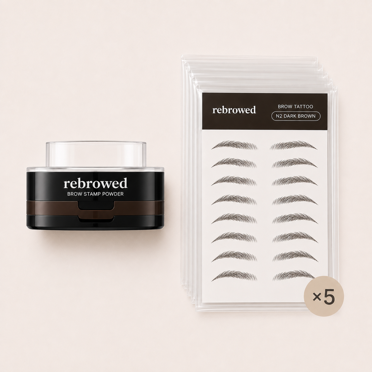 REBROWED brow stamp and brow tattoo stickers bundle flatlay