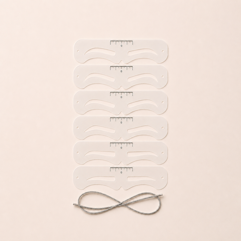 Six REBROWED eyebrow stencil shapes with silver securing cord