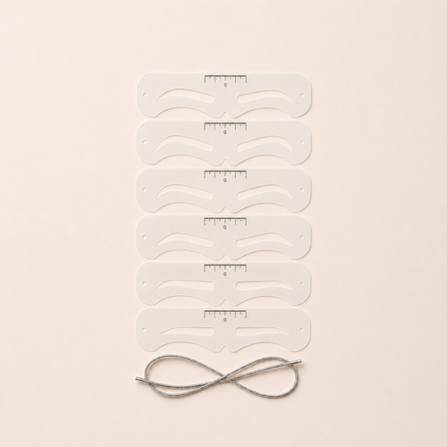 Six REBROWED eyebrow stencil shapes with silver securing cord