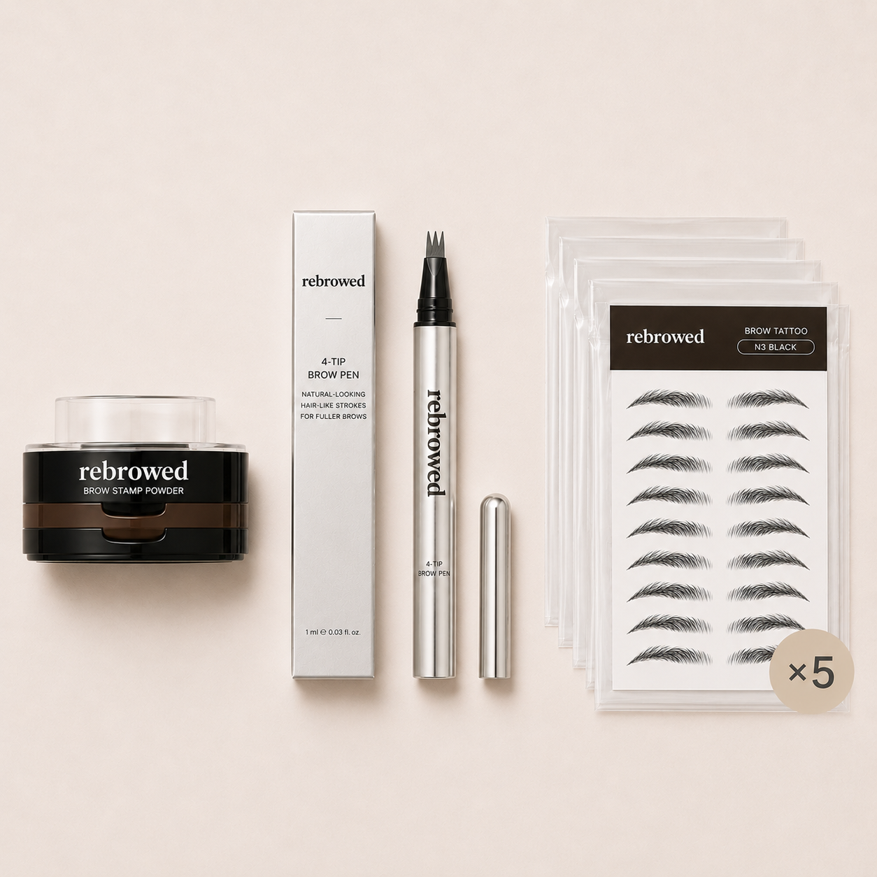 REBROWED The Everyday Kit — brow stamp, Nano Brow Pen and brow tattoo stickers