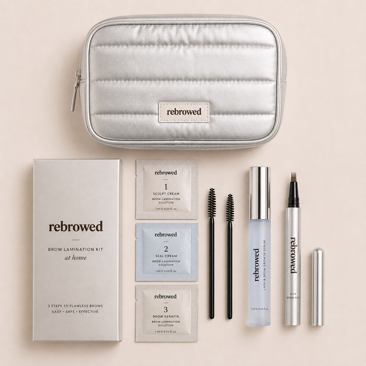 REBROWED The Full Brow Ritual set — DIY brow lamination kit, lash & brow serum, Nano Brow Pen and makeup bag