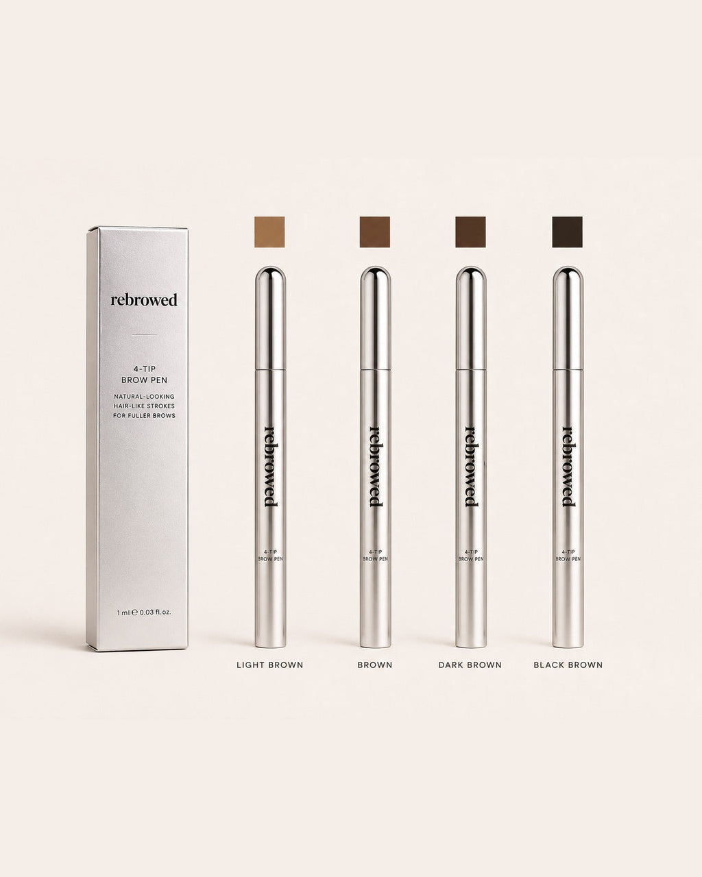 REBROWED Nano Brow Pen shade range: Light Brown, Brown, Dark Brown, Black Brown