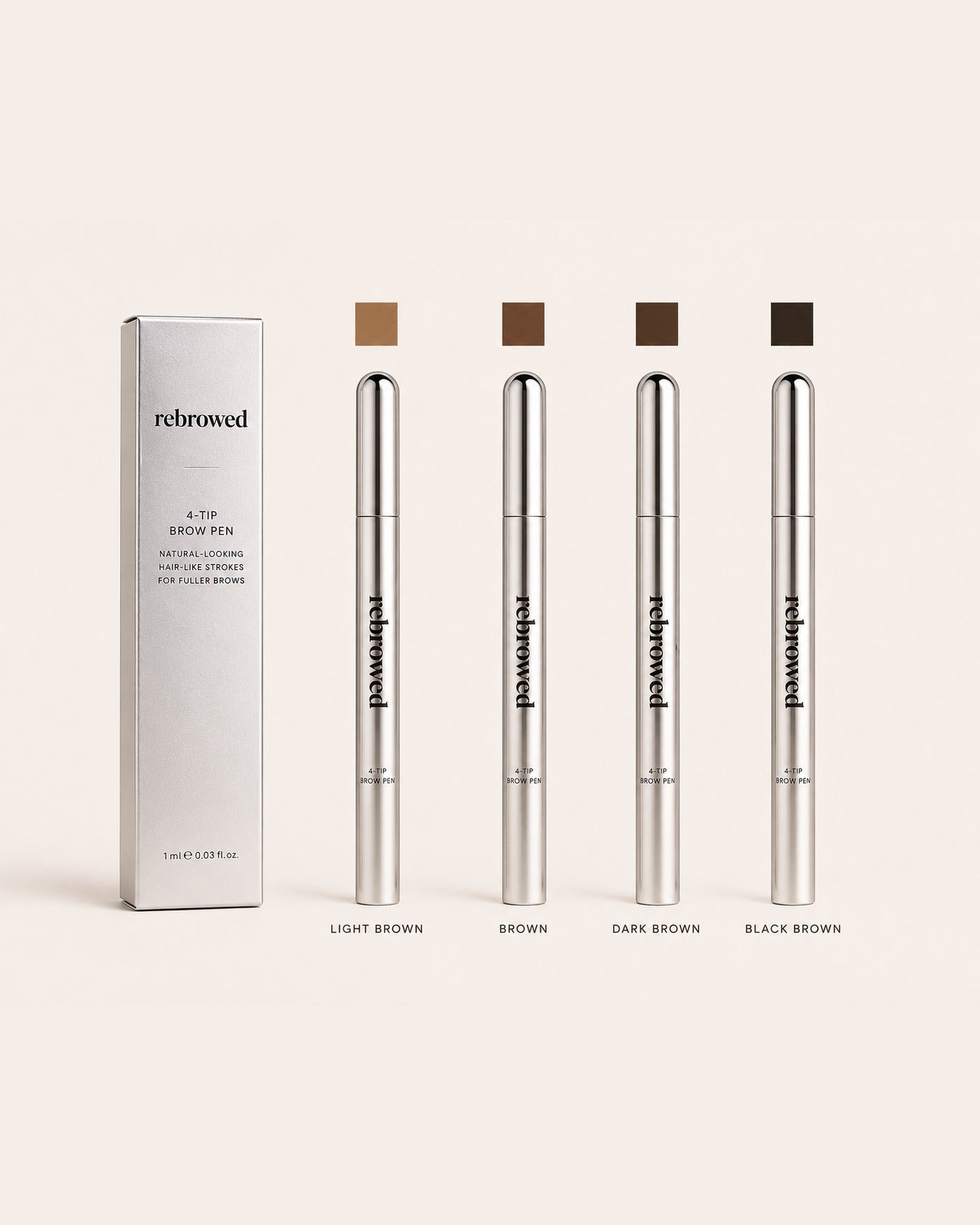 REBROWED Nano Brow Pen shade range: Light Brown, Brown, Dark Brown, Black Brown